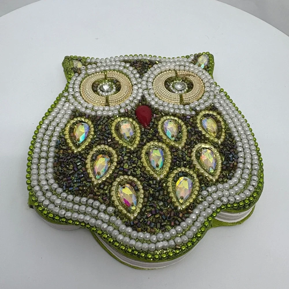 Green Beaded Owl Shaped Notebook Whimsical Iridescent Rhinestone Pearl Journal
